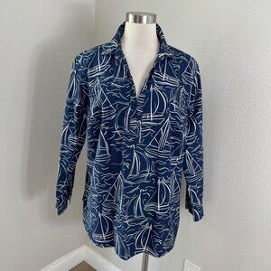 Talbots Womens Plus 1X Blue White Sailboat Long Sleeve Popover Shirt Nautical